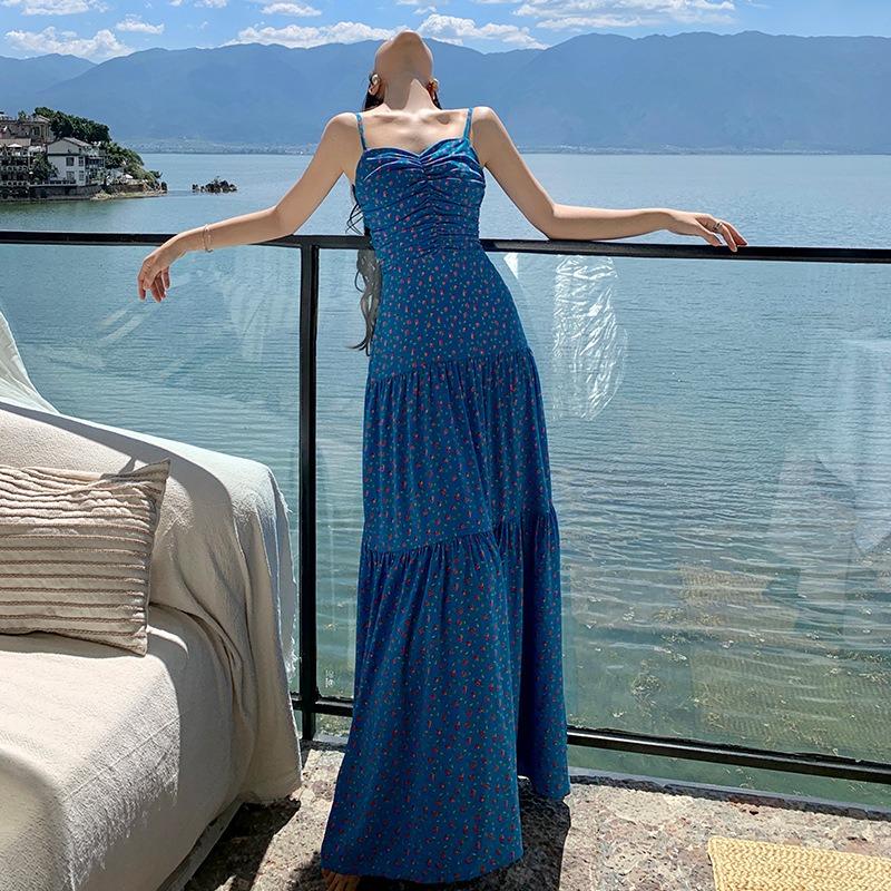 Backless Suspender Skirt Women's Floral Shoulder Dress Seaside Vacation Beach Skirt Waist Long Dress