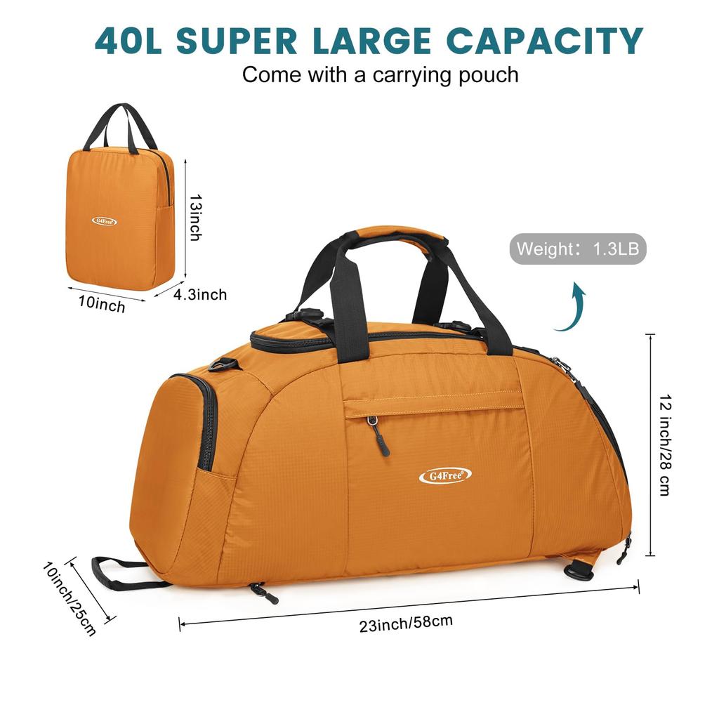 G4Free 40L Duffel Bag, Backpack, Gym Bag with Shoe Compartment for Men and Women, Travel Backpack, Luggage