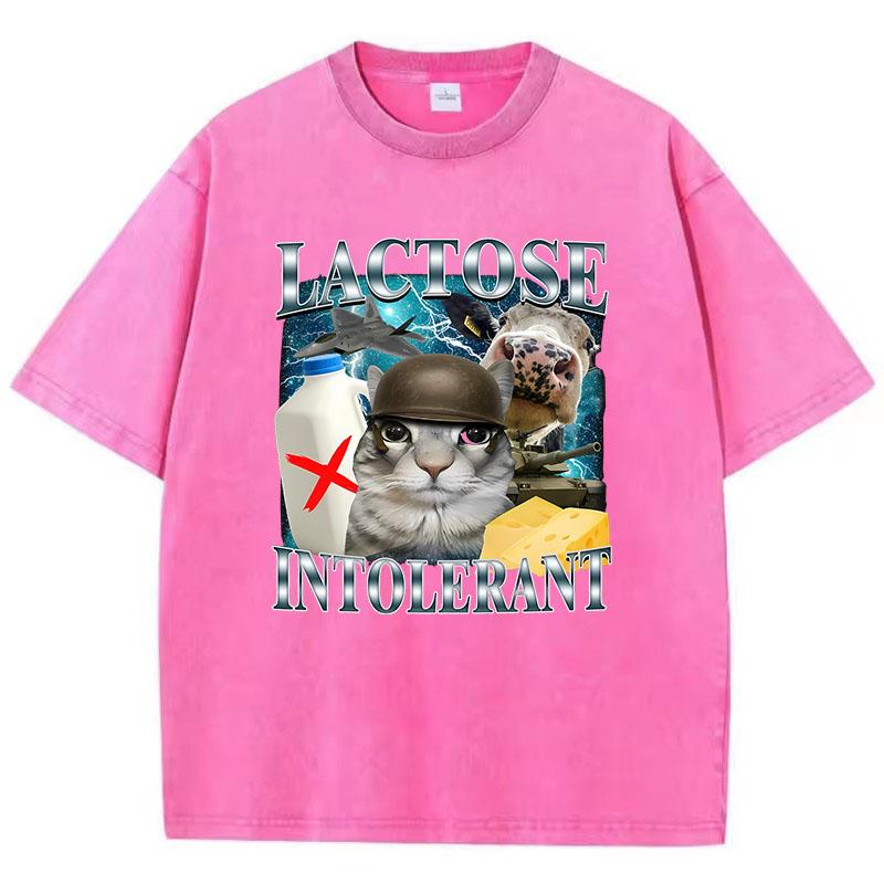 Retro T Shirt Vintage Washed Cotton T-Shirt Lactose Intolerant Funny Cat Meme Graphic Tee Casual Streetwear Spring