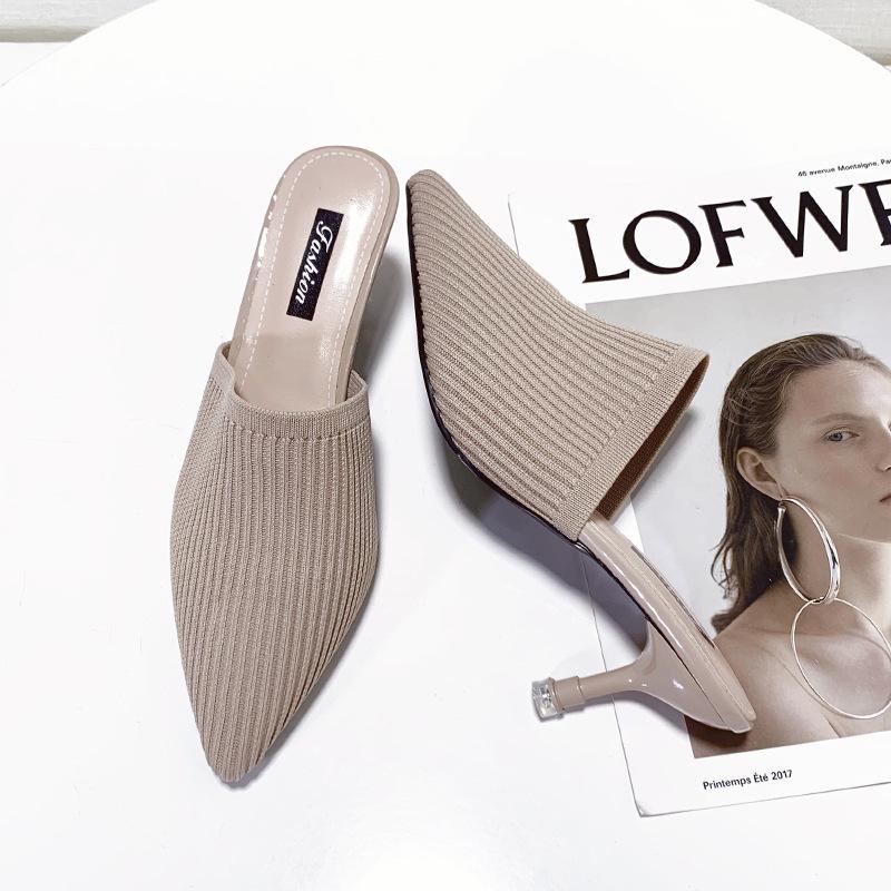 

Knitted semi-slippers high-heeled bag head foreign trade women s summer new fashion half-support shoes single shoes fashion thin-heeled cool slippers 40 абрикосовый