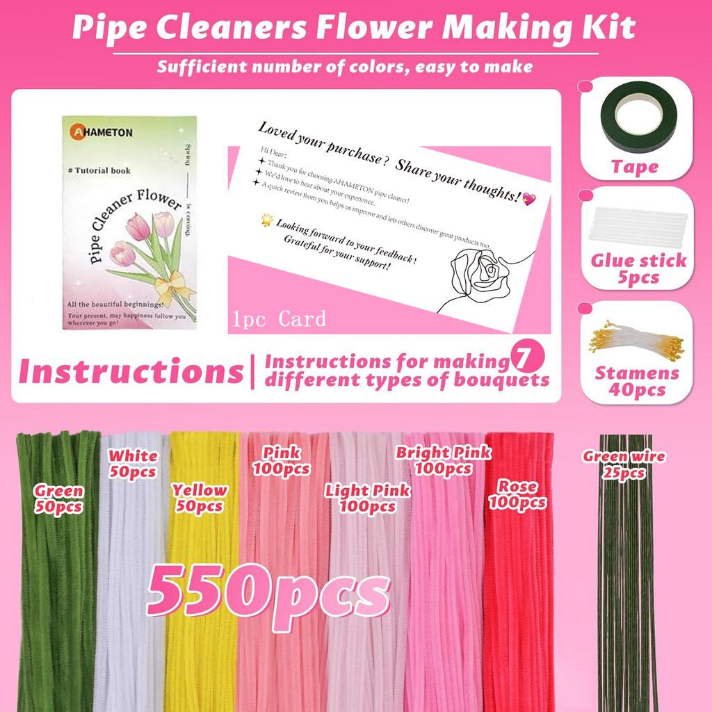 Pipe Cleaner Flowers Craft Kit, 7 Colors Pipe Cleaners Craft Flower Making Kit, Chenille Stems Pipe Cleaners Kit with Tutorial
