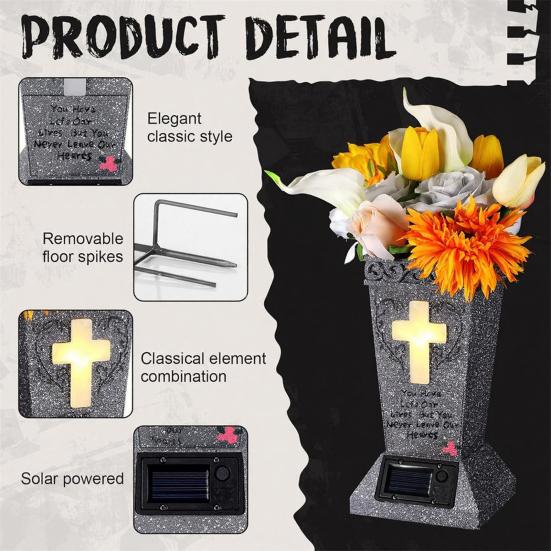 Solar Cemetery Vase with LED for Gravestone Outdoor Artificial Fresh Flower Holder Headstone