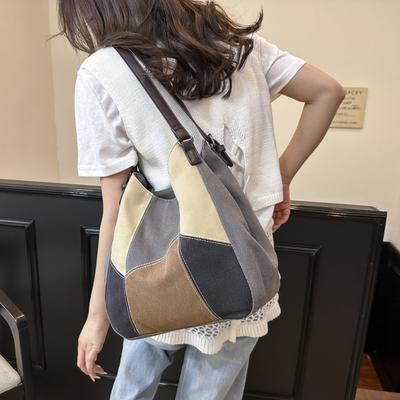 Simple and Fashionable Women's Bag Geometric Contrasting Color Canvas Bag Women's Large-capacity Retro Splicing Cloth Bag New Shoulder Handbag