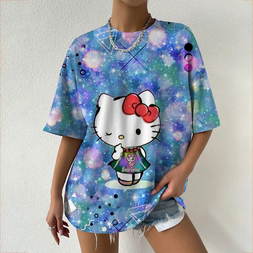 Hello Kitty Tops Aesthetic Women's T-shirts Streetwear Woman Funny Tees Short Sleeves T-shirt Clothing Fashion Girl Festival Top