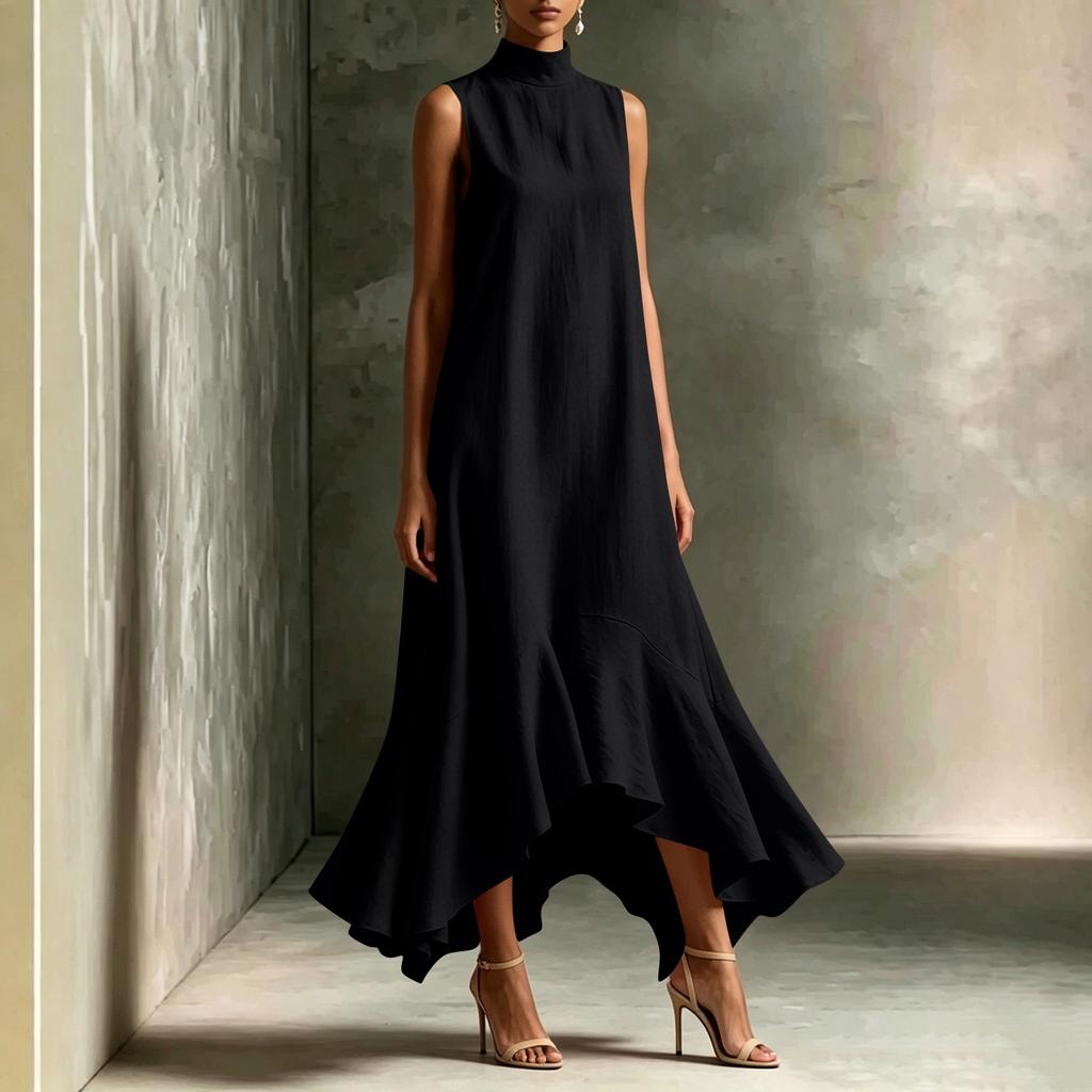 Damen ärmellos hoher Kragen lässig lockere Passform Midi-Kleid weicher Stoff entspannte Silhouette stilvoll für den Alltag