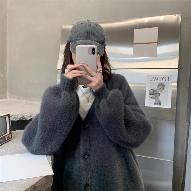 Japanese Style V-Neck Loose Knit Mink Cardigan - Spring/Autumn 2025 Fashion Sweater for Women