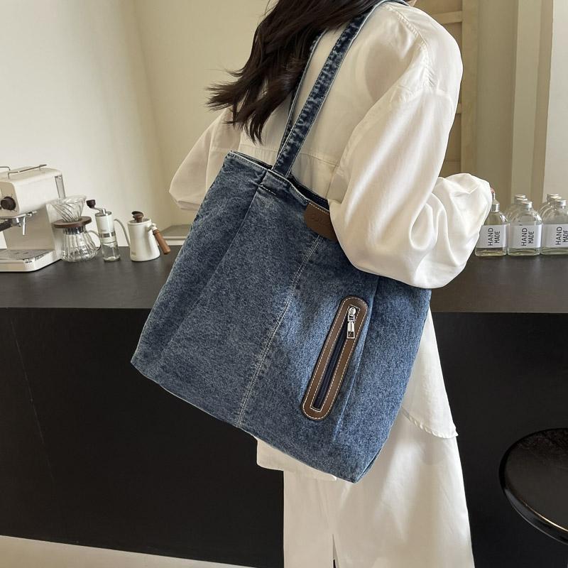 Damen-Umhängetasche mit großem Fassungsvermögen, Denim-Einkaufstasche, Schultasche