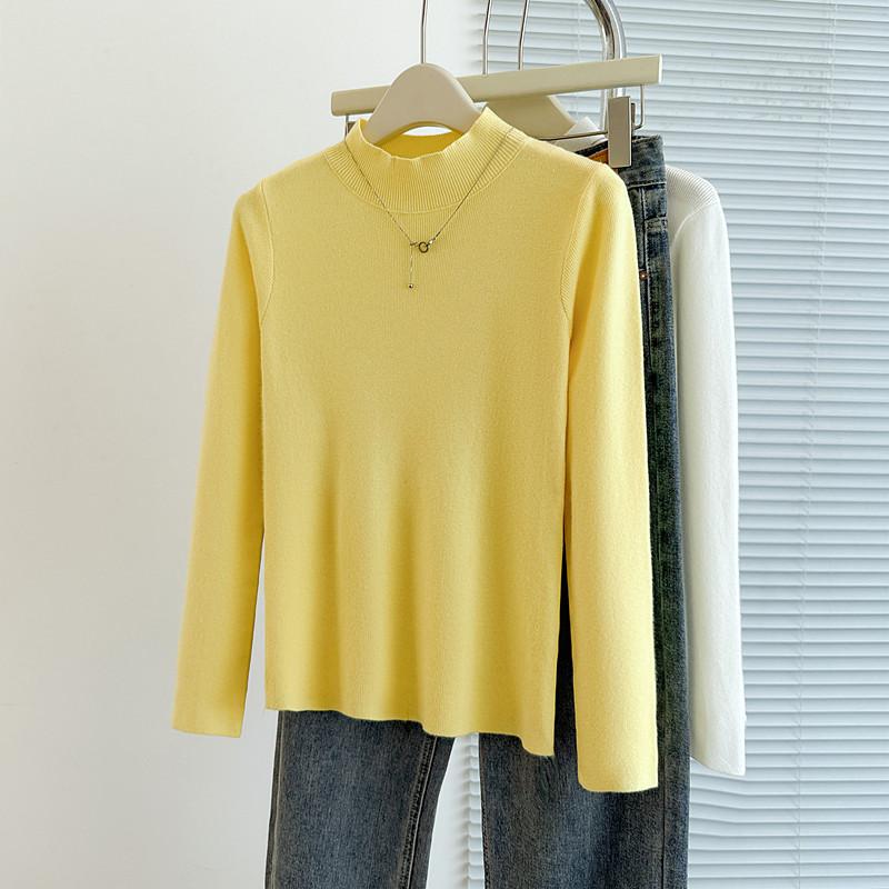 

Реальное фото оригинальной женской осенне-зимней базовой рубашки с полувысоким воротником, новый стиль элегантного женского шерстяного вязаного пуловера One Size светло-желтого