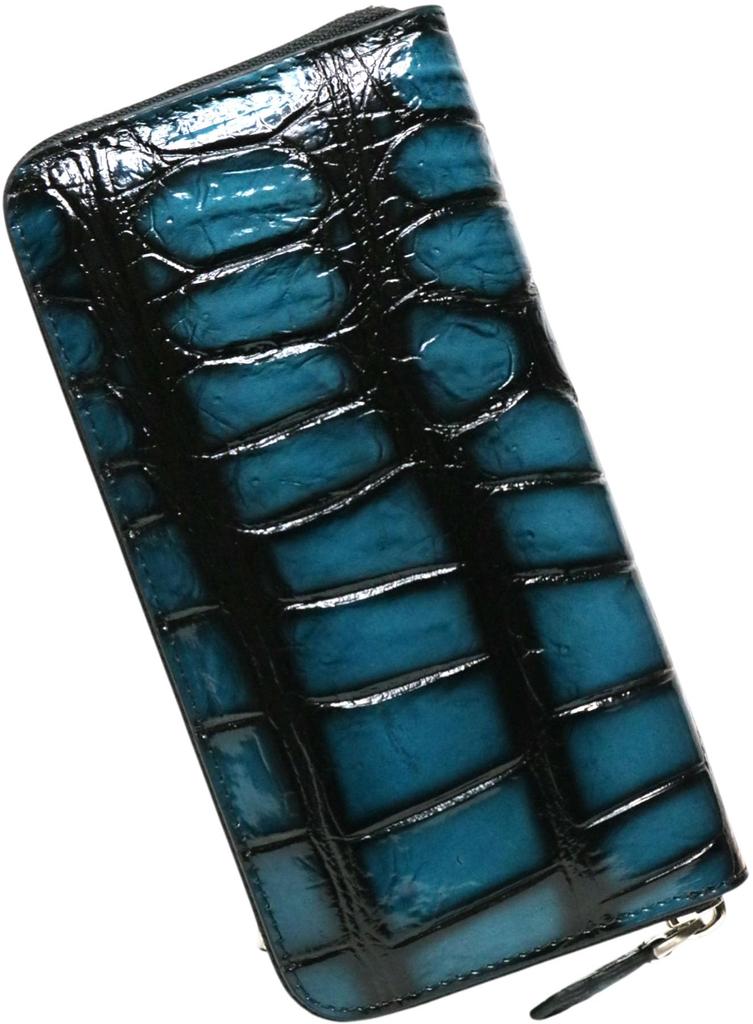 Bercute Blue-Green Crocodile Long Wallet for Men and Women, Authentic Leather, Crocodile Skin, Round Zipper, Slim, Large Capacity, Popular Brand,