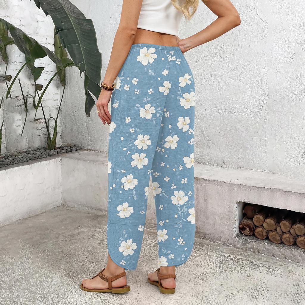 Women’s Casual Loose Straight Wide Leg Drawstring Printed Long Pants Lightweight Relaxed Fit Trousers for Daily Wear