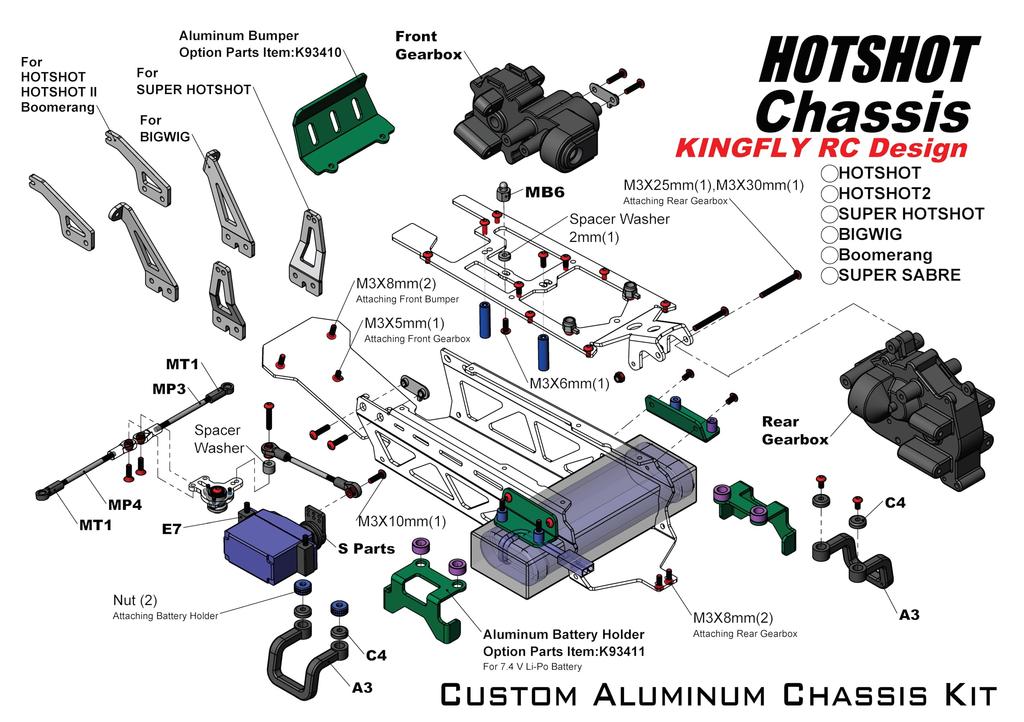 KF RC Ultra-Lightweight Aluminum Chassis for Tamiya 1/10 4WD Hot Shot/Hot Shot II/Boomerang (Black)