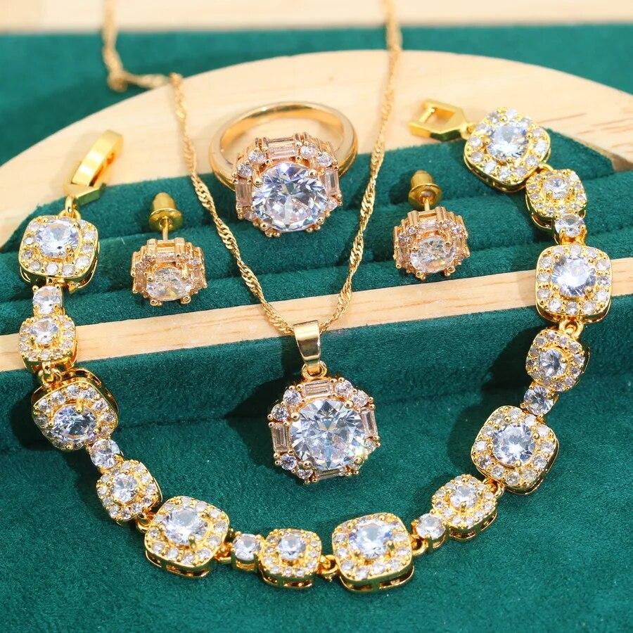 

Наборы свадебных украшений золотого цвета с белым камнем для женщин, роскошное свадебное кольцо в Дубае, ожерелье, серьги, браслет, новые аксессуары