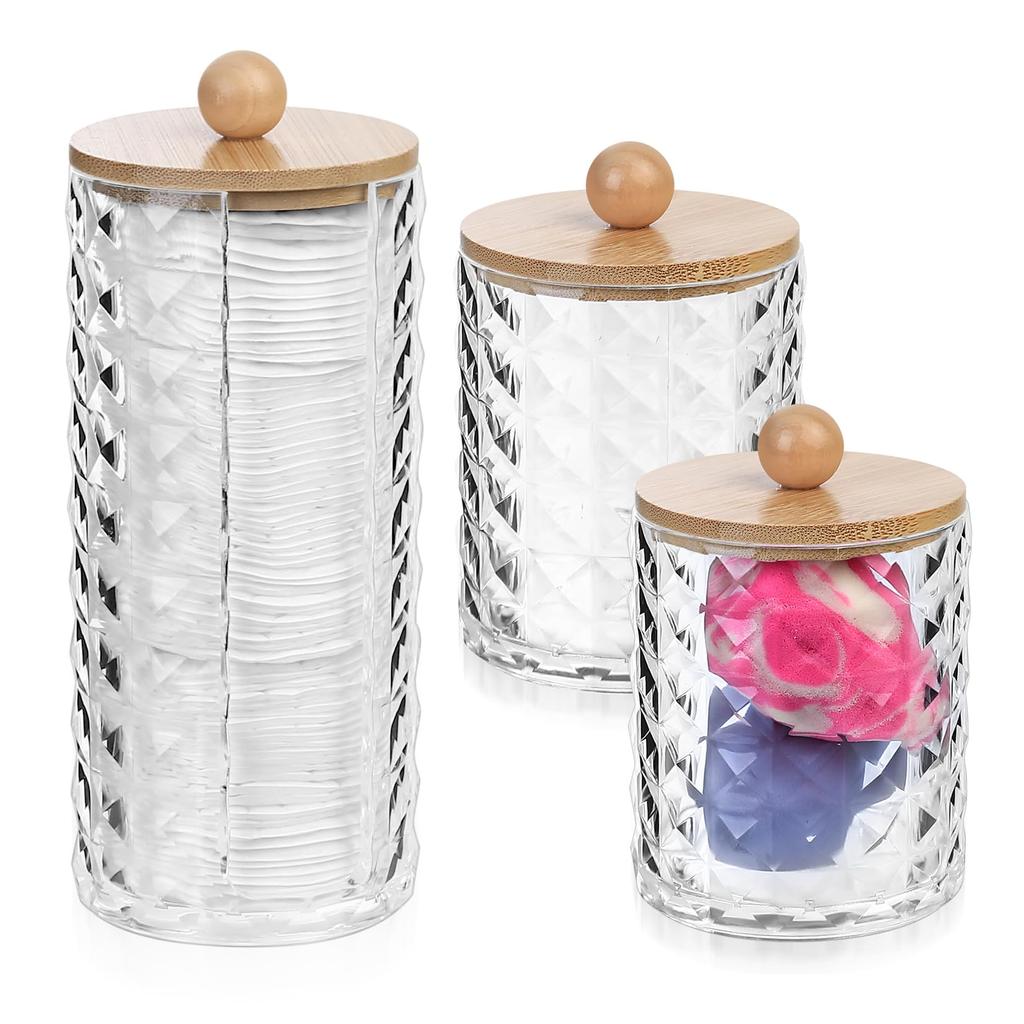 3 Stück Wattestäbchenhalter Badezimmerbehälter Organizer Wattebällchen Tupfer Spender Klar Apothekerglas Set für Aufbewahrungsbox