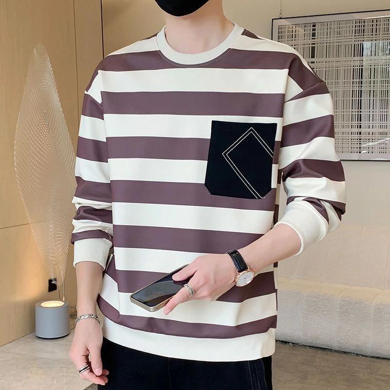 

Autumn New Striped Round Neck Men s Long-sleeved T-shirt Youth Korean Version Hoodies Fashion Versatile Handsome Sweatshirt L хаки