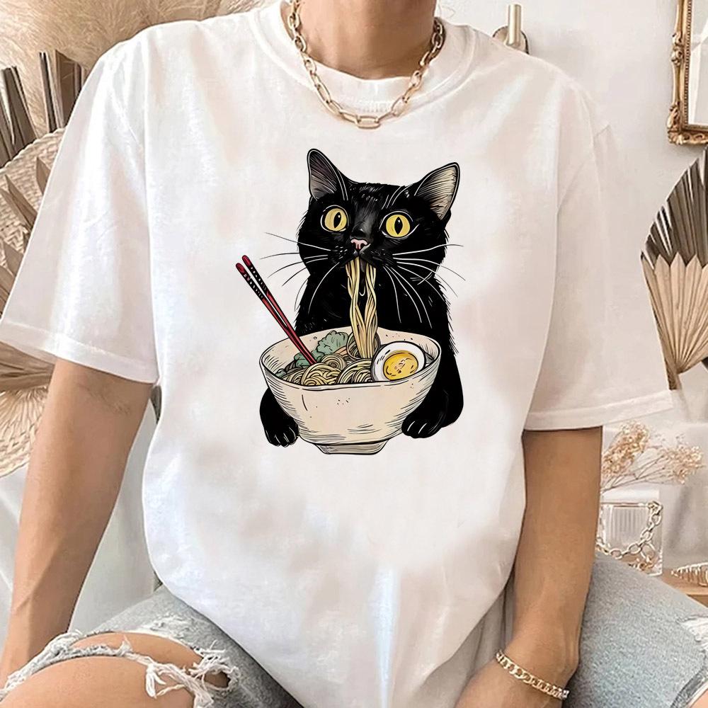 Nudel Ramen Katze Shirt Teen Popkultur Grafik Bequem Gothic Vintage Klassisch T-Shirt Damen 80er Bequem 2000er kawaii
