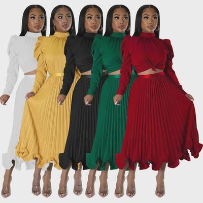 Autumn European & American Puff Sleeve Top with Ruffled Pleated Skirt Set.