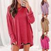 Women's Solid Waffle Knit Loose Crew Neck Long Sleeve Split Hem Casual Fashion Top, European American Style Crossbody Apparel