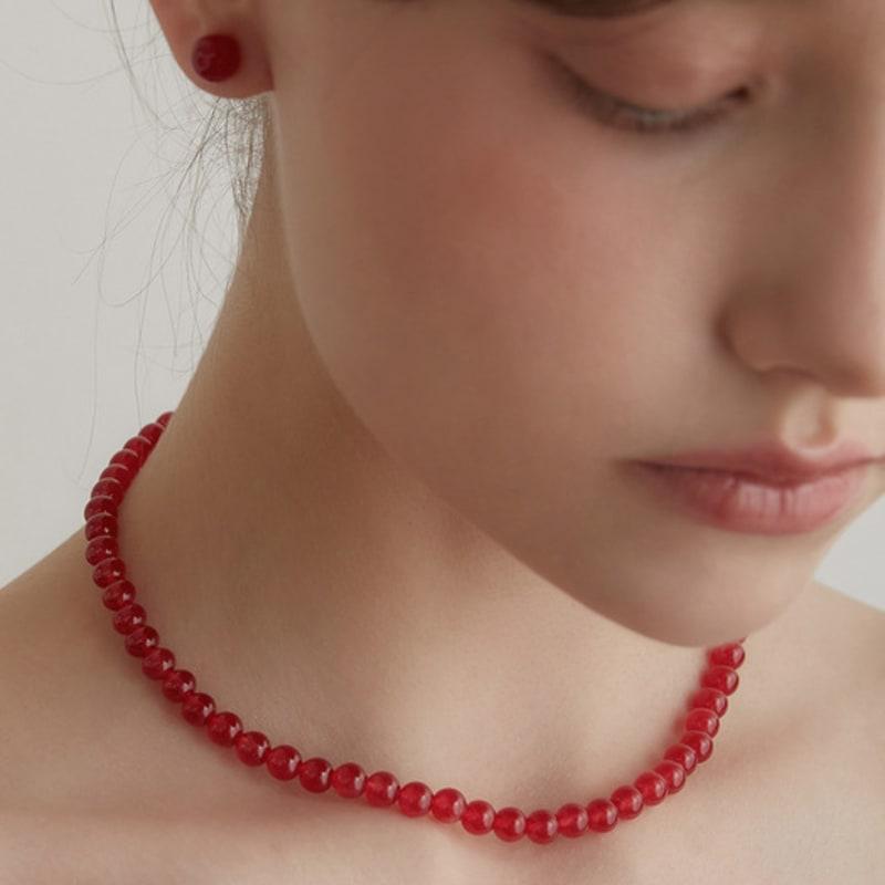 

TATIANA (925 Silver) Red Jade Candy Ball Necklace NZ2143 6mm