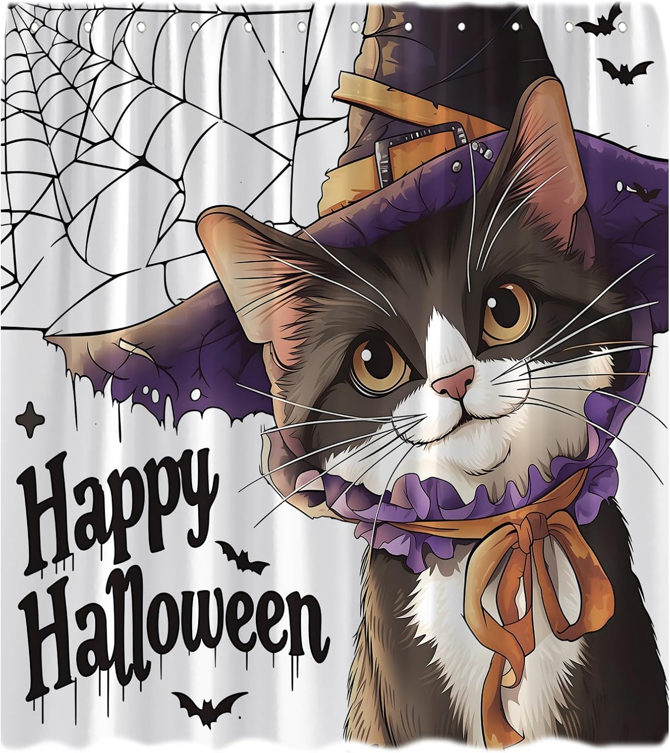 

Happy Halloween Cat Shower Curtain Funny Cat Witch Hat Spider Web Bat Spooky Cute Animal Cartoon Decor Bathroom Curtain W60H190(CM)-1 Pcs