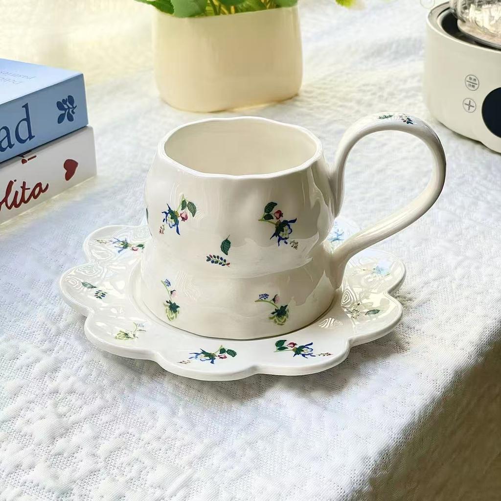 French Medieval High-value Mug Hand-painted Flower Ceramic Cup Saucer Cute Girl Personalized Coffee Cup with Water Cup
