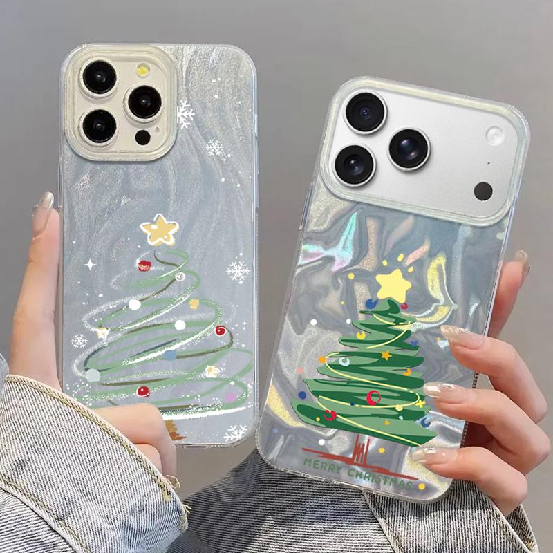 Cartoon Christmas Tree Pattern Phone Case For iPhone 17 Air 16e 16 15 14 Pro Max 13 17 Pro Max Shockproof TPU Hybrid Hard PC Phone Cover