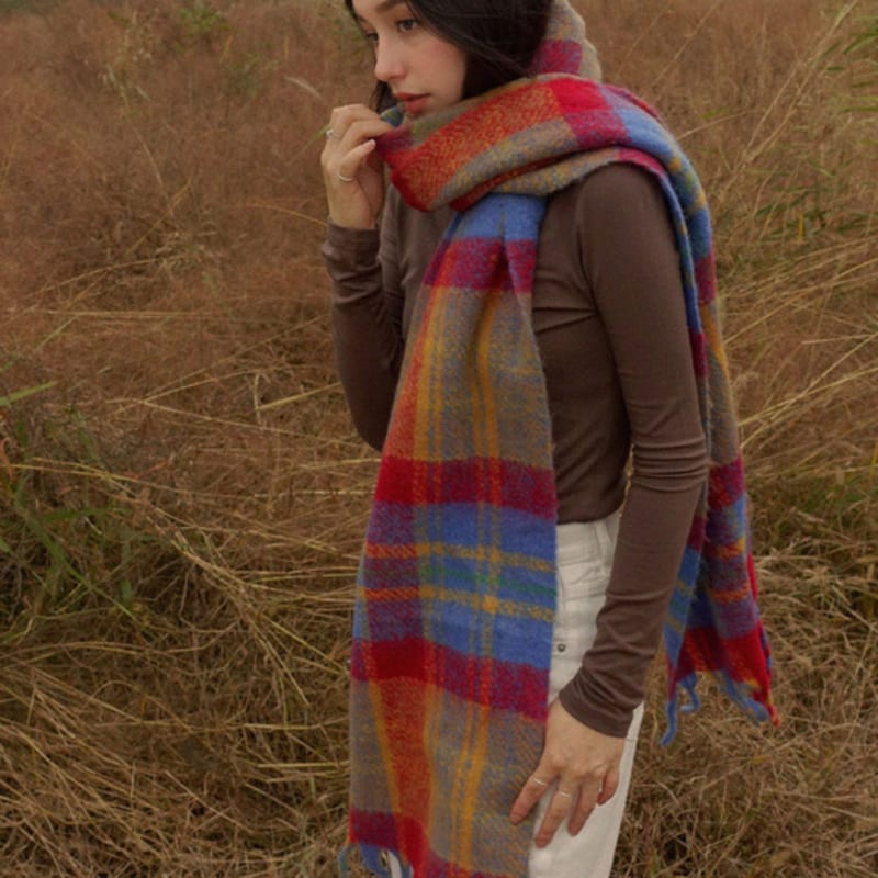 PREMIERE AMOUR Cozy Check Wool Muffler - Blue