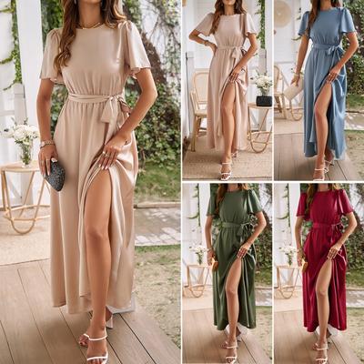 Spring Summer Elegant Solid Color Tie Waist Split Dress Women Fashion Casual Midi Dress For Parties Daily Wear Perfect For Any Occasion