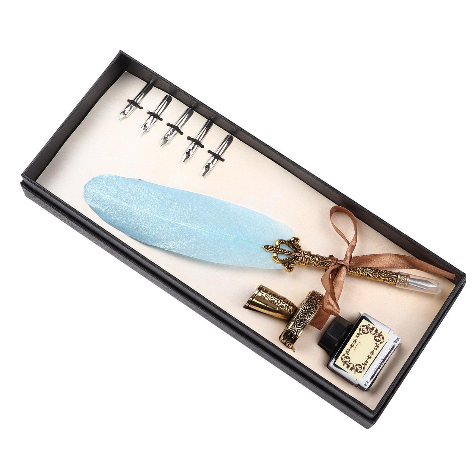 

Feather Pen Set Vintage Ink Carved Metal Pen Writing Suit for Business Gift Table DecorationSky Blue синий