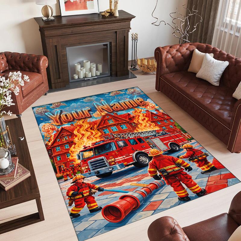 Fire Truck Theme Crystal Velvet Rug Personalized Custom Name Text Soft Floor Mat Home Decor