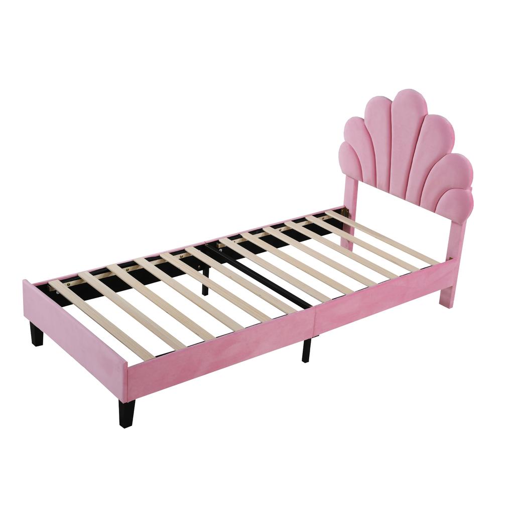 Upholstered Children's Bed 90 x 200 cm, Bed Frame with Flower-Shaped Headboard and Slatted Frame, Skin-Friendly Velvet Fabric, Guest Bed (Color: Pink)