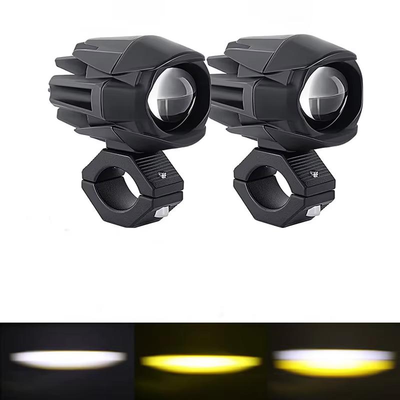 10-48V Dual Color Motorcycle LED Spotlight Hi/Lo Beam White Yellow Driving Fog Light IP68 Waterproof Spot Flood Auxiliary light