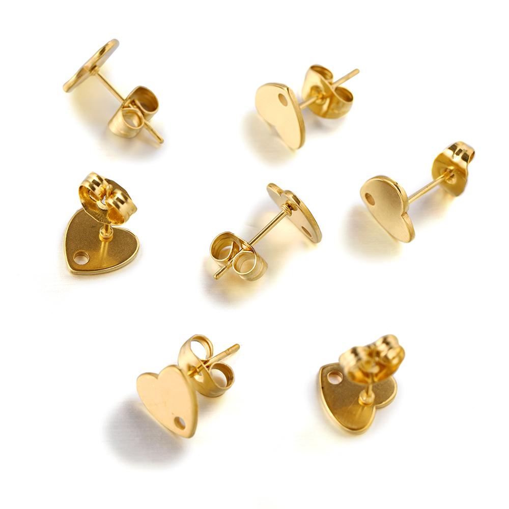 10pcs/lot Gold Color Stainless Steel Heart Drops Round Hole Ear Studs With Earring Plug For DIY Jewelry Making Accessories