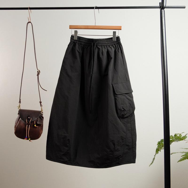 Artistic Japanese Quilted Winter Skirt - Casual Elastic Waist, Solid Color, Drawstring Half Skirt