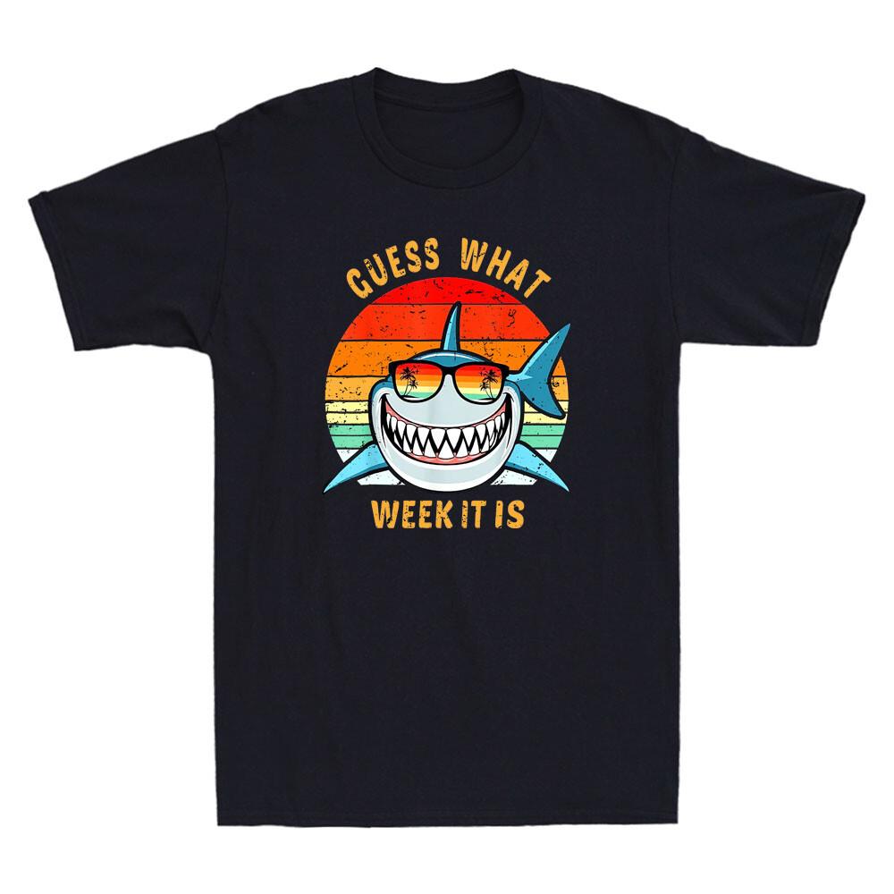 Gue*s What Week It Is Funny Shark with Glasses Graphic Quote Retro Men s T-Shirt XXXXL