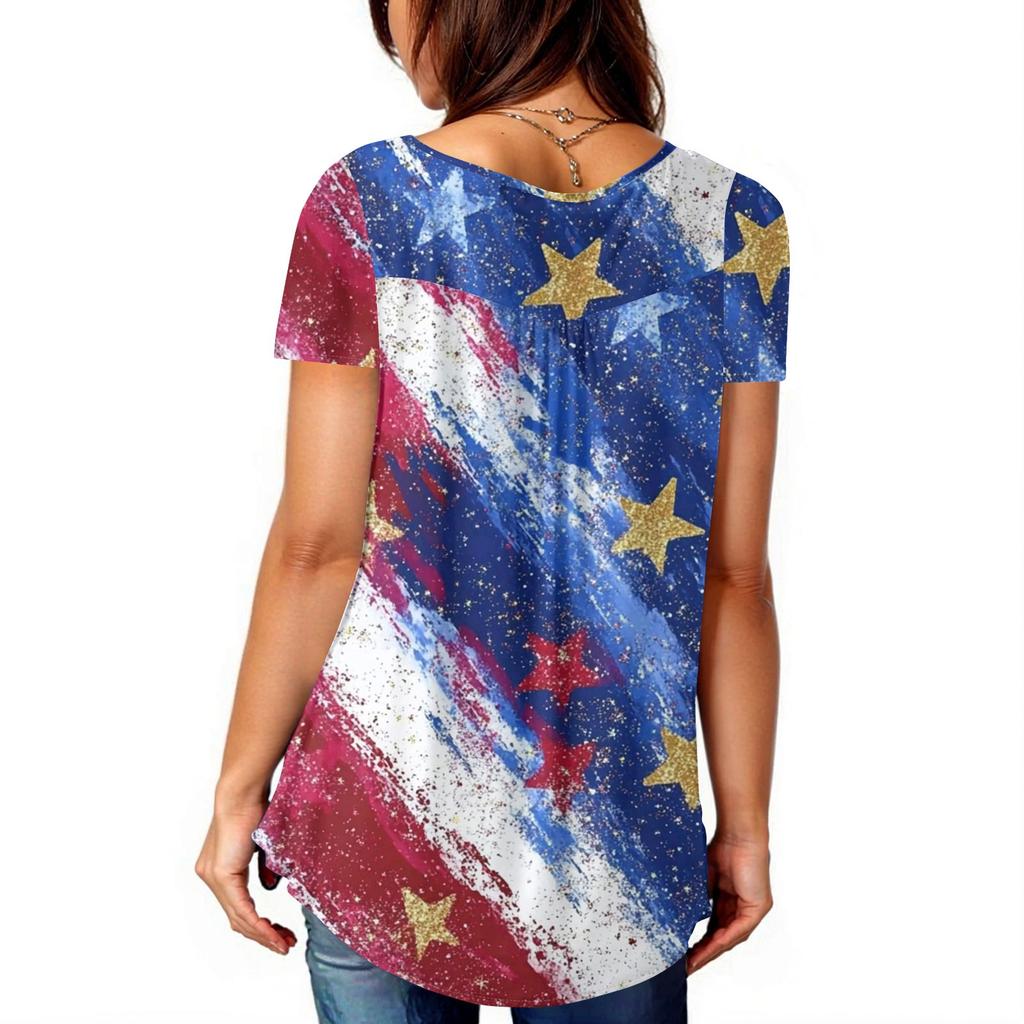 Women Tunic Tops Dressy Casual Summer Short Sleeve Shirts Loose Fit Pleated Boho Top Independence Day