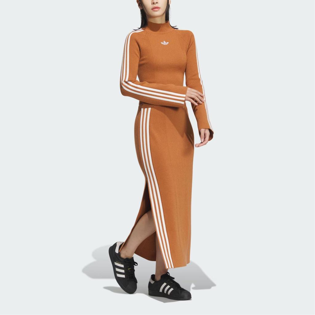 adidas Originals Ribbed Knit Cropped Long Sleeve Top Brown White Women JI7059