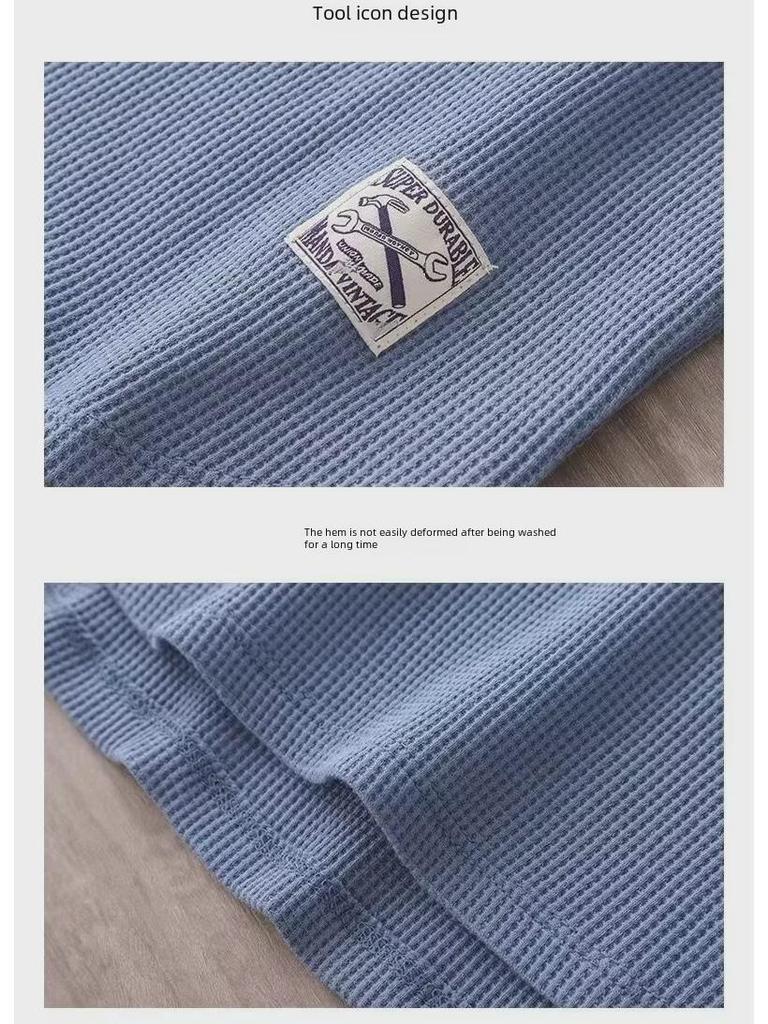 Camiseta de Manga Corta Holgada para Hombre de Seda de Hielo Waffle Pesado - Cuello Redondo Color Sólido