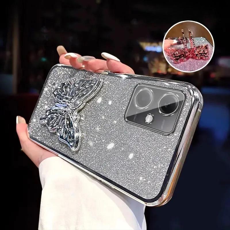 3D Butterfly Phone Holder Crystal Bracelet Glitter Plating Case for Xiaomi POCO X5 Pro 5G Back Cover
