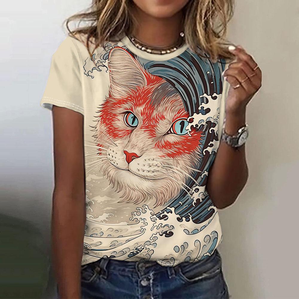 Women's T-Shirt Waves And Cats 3d Printing Short-Sleeved Fashion Casual Street Round Neck Oversized Summer Women's Clothing