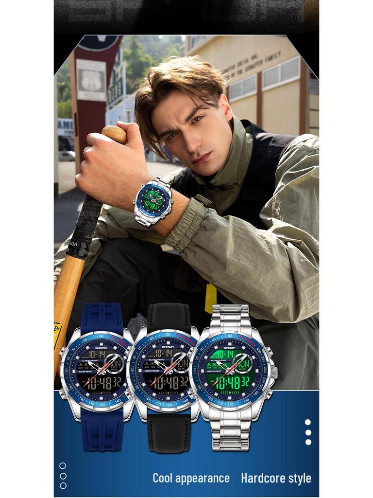 Sanda 6318 Men's Multi-Function Outdoor Sports Watch with Three-City Time, Countdown, and Waterproof Features