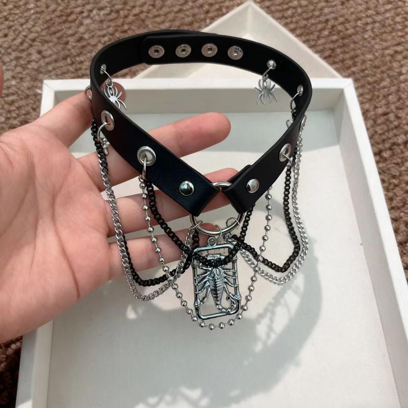 Dark Gothic Punk Metal Spider Pendant Leather Choker Necklace for Women Hip Hop Red Zircon Butterfly Clavicle Chain Jewelry
