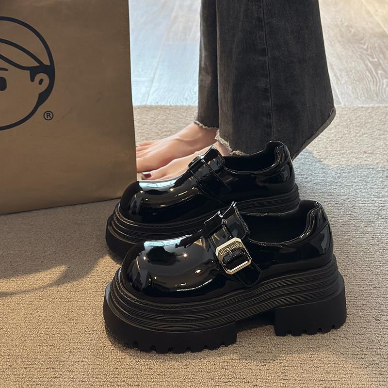 

Fashion 2025 NEW Round Toe Women s Shoes Petite Thick Bottom Single Shoes Leather Thickened Heel Small Leather Shoes Spring 35