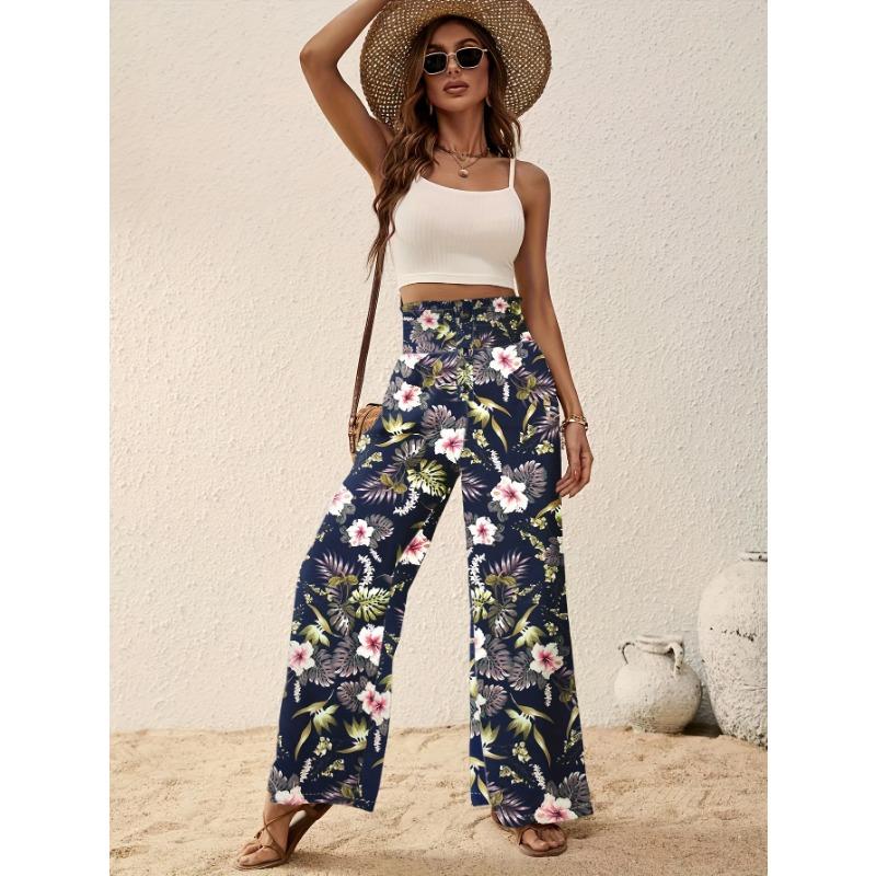 Women's Fashion Casual Flower Pattern Print High Waist Trousers Pants & Capris