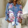 Women's Christmas Printed Button Up Long Sleeved Casual Regular Shirt With Collar Top