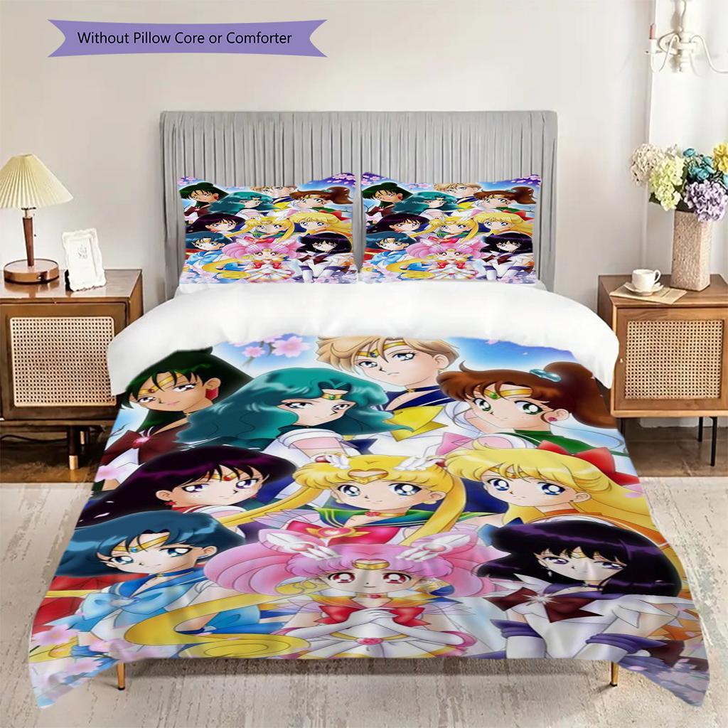 Süßes Cartoon-Thema Sailor Moon Tsukino Usagi Cartoon bequemer Heim-Bettbezug und Kissenbezug (1 * Bettbezug + 2 * Kissenbezug, ohne Füllung)A12
