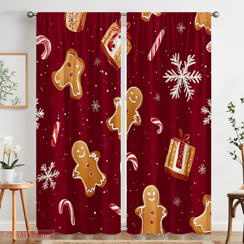 2 Stück, 2D-Flachdruckmuster Vorhänge Weihnachtsplätzchen Schneeflocken Süßigkeiten (2) Vielseitiger Stoff (ohne Stange) Vielseitig