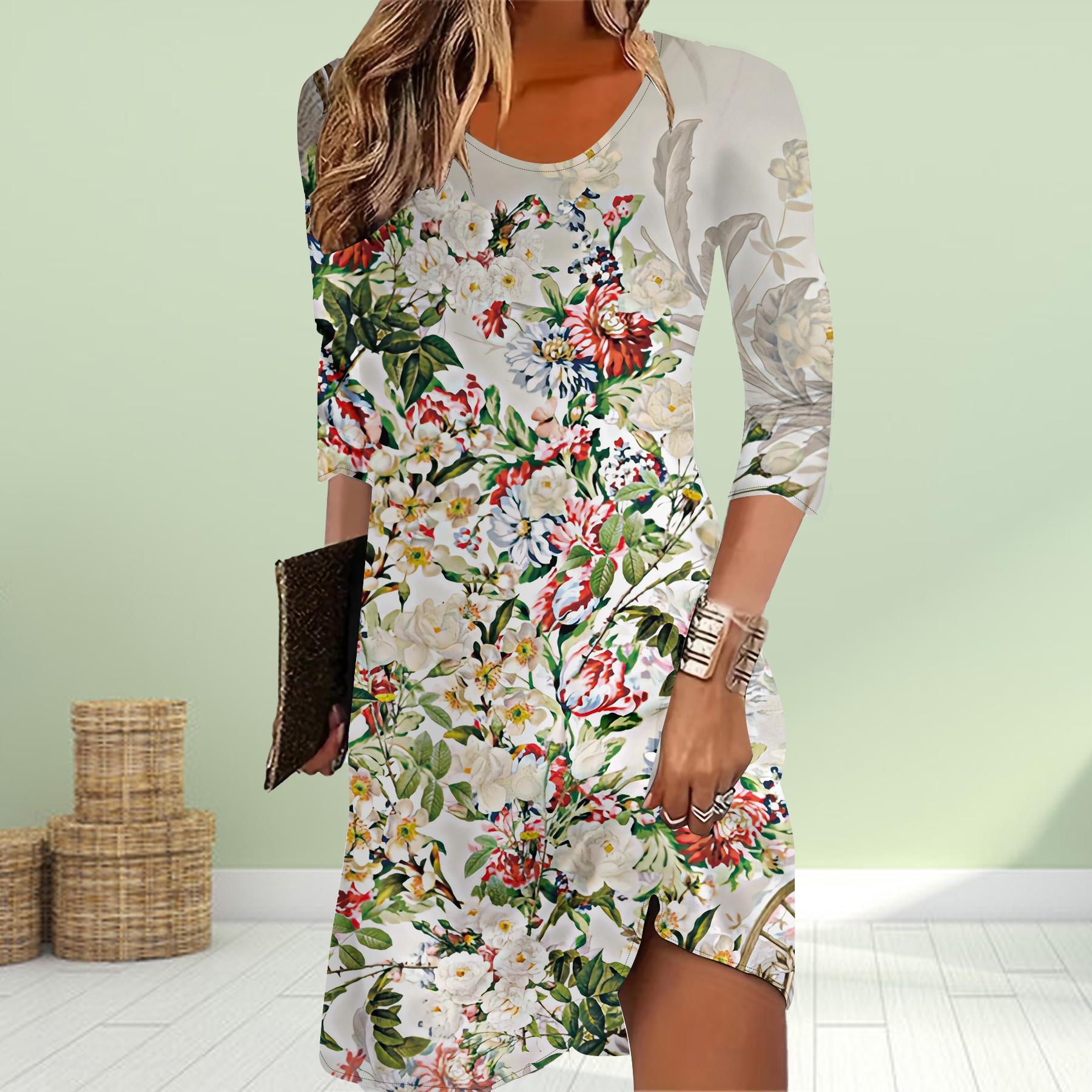 

Женское повседневное платье с принтом осенних зеленых листьев, платья для женщин с круглым вырезом и коротким рукавом, платье больших размеров 3XL бежевый