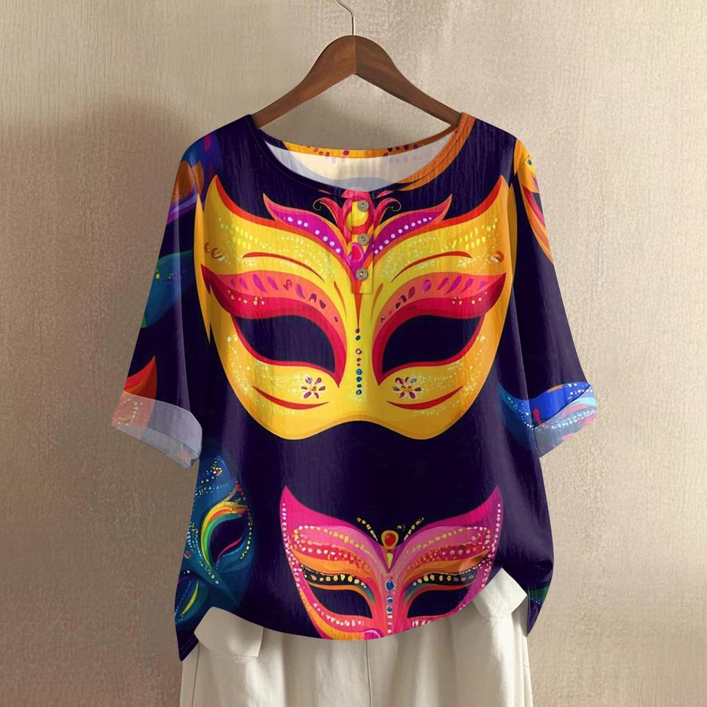 Women's Carnival Printed Casual Mid Sleeve Round Neck Cotton And Hemp Top