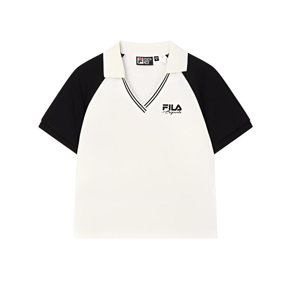 FILA Original Logo Embroidered Color Block Fashion Casual Short Sleeve Polo Shirt Women tops Cloud-White F11W519105F-WT
