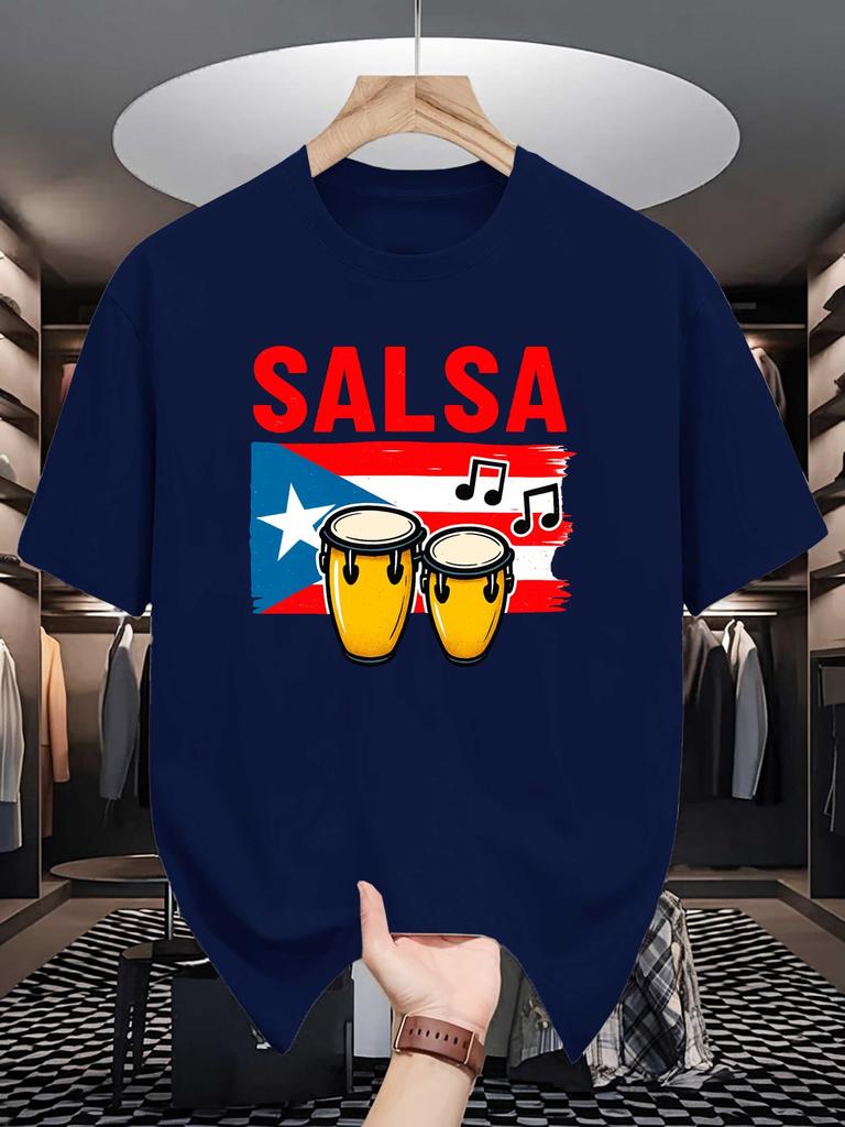Unisex Crew Neck Tee Salsa Drum Puerto Rico Flag Music Note Print Soft Cotton Loose Short Sleeve Summer Casual Male Streetwear Tops